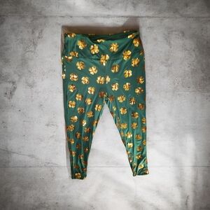 Tipsy Elves Green Leggings with Metallic Gold Floral Print